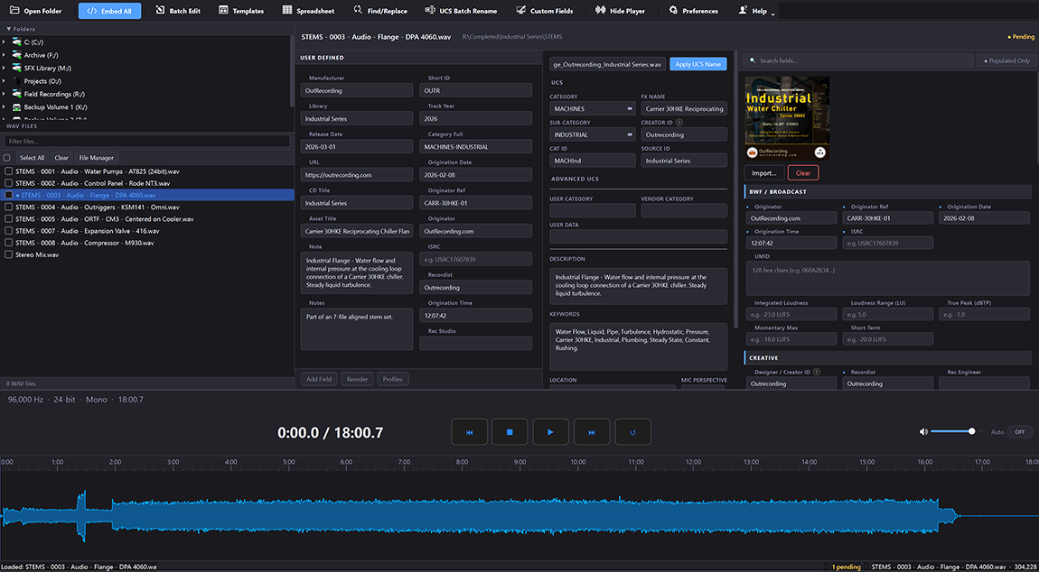 The WAVScribe main window with a real WAV library loaded, showing the metadata editor, chunk view, and waveform
